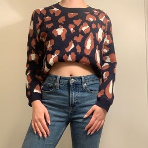 Leopard Print Pullover Sweater (Navy & Burnt Orange)